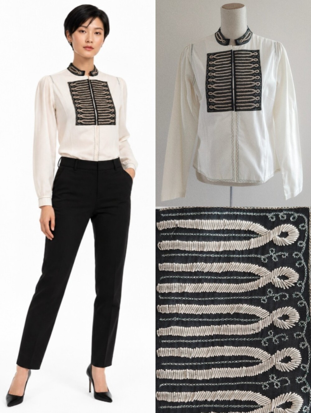 Like New Paul & Joe Embroidered Military-Style White Cotton Women Blouse